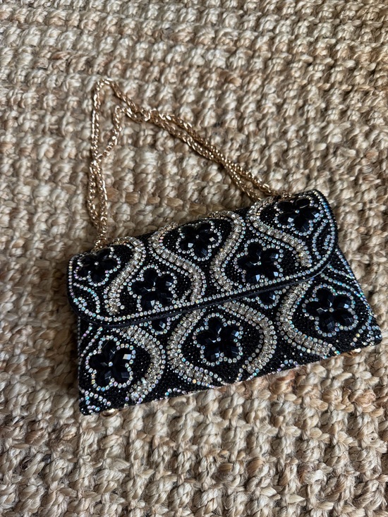 Handbags - Black Beaded Evening Clutch with Gold Chain